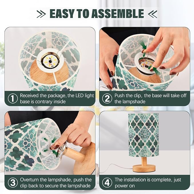 Fustylead Teal Green Moroccan Tile Table Lamp for Bedroom USB Port Lamps Small Accent Table Lamp Nightstand Lamp Sturdy Linen Shade Wooden Base Decorative Lamps for Bedside Reading|Kids|Dorm|Home