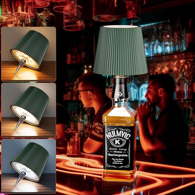 2 Pack Wine Bottle Lamps, 2026 New 3 Color Rechargeable Wireless Bottle Lamps, Bottle Light for Liquor Bottles with Touch Dimming for Parties, Restaurants & Home Decor（Dark Green）