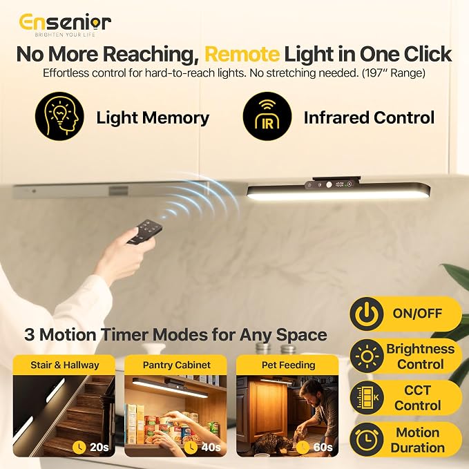 Ensenior 4W Motion Sensor Rechargeable Light Bar, Closet Lights | 2000mAh, Dimmable, Eye-Friendly, 3 Colors CRI85+, Battery Display, Wireless, Remote Control, Magnetic 130° Rotatable,Stick on