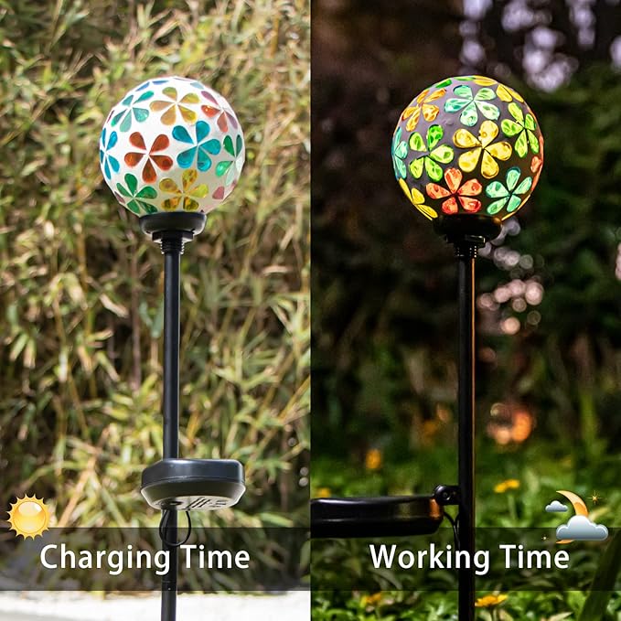 VCUTEKA Decorative Solar Garden Lights, 3.5" Mosaic Globe Outdoor Stake | Mosaic Glass Globe Design, Solar LED Light, Waterproof Design, Auto On/Off and Metal Stake Design for Lawn and Patio