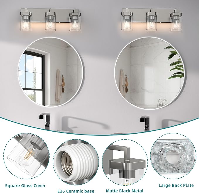 3-Light Bathroom Light Fixtures, Brushed Nickel Vanity Lights for Bathroom, Kitchen, Living Room, Modern Bathroom Vanity Lights with Clear Glass Shades