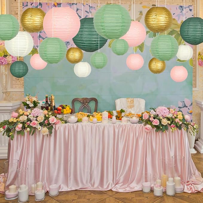 21 Pack Pastel Paper Lanterns, Sage Green Pink Gold Hanging Deco | Round Hanging Assorted Set for Birthday, Graduation, Wedding, Baby Shower, Valentine's Day, Classroom Decor & Photo Backdrop
