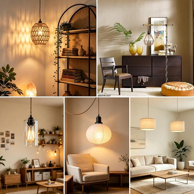 Plug in Pendant Light Cord - 15FT Industrial Hanging Light Kit, Hanging Lights with Plug in Cord With 15FT Hemp Rope, Hanging Lamp Kit with On/Off Switch,E26 E27 Light Socket, Bulb NOT Included