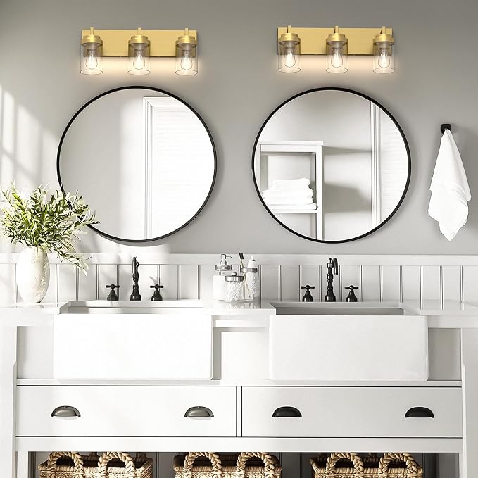Bathroom Lighting Fixtures, 3-Light Bathroom Vanity Lights Over Mirror, Brass Vanity Light with Glass Shade, Modern Vanity Lighting Fixtures for Bedroom, Hallway