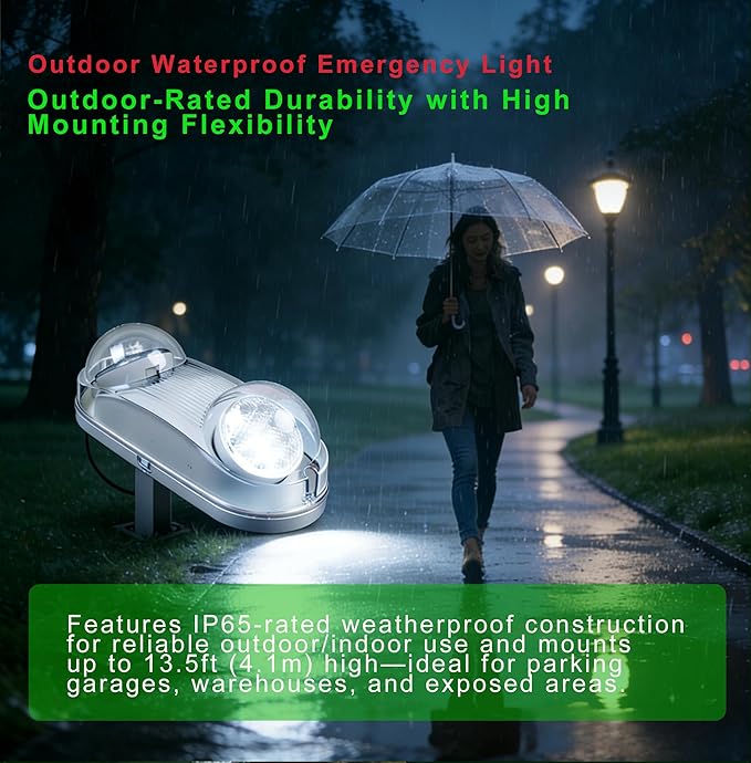 Outdoor Wet Location Emergency Light, Waterproof LED with Battery Backup, Adjustable Heads, UL-Listed, 120-277 Commercial Hardwired Emergency Lighting GN-10WL