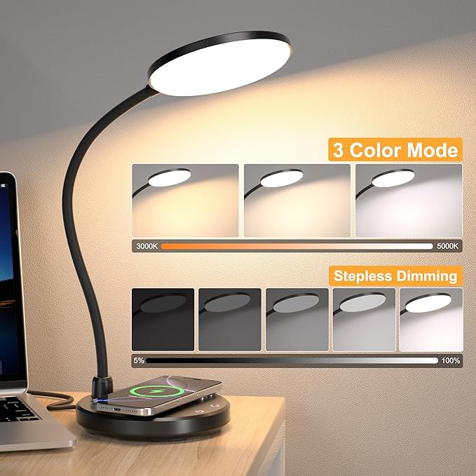10W Wireless Charger Desk Lamps, Home Office, 800LM CRI95+,Black | Eye-Caring Led Desk Lamp with 3 Color Change, Dimmable, Adjustable Arm Table Lamp for Bedside, College Dorm, with Adapter