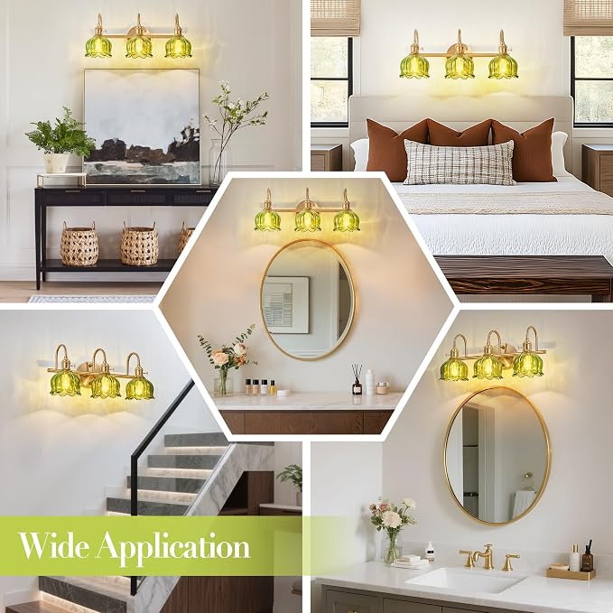Bathroom Light Fixtures Over Mirror,3-Light Brushed Gold Vanity Lights with Green Tulip Glass Shades,Vanity Lighting Fixtures for Bathroom Bedroom Kitchen Living Room Hallway