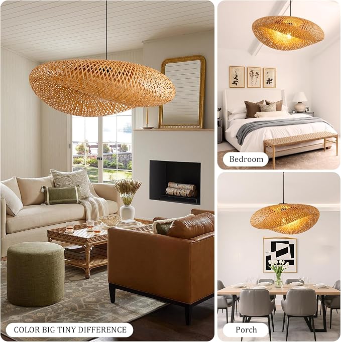 23.6" Bamboo Pendant Light,Rattan Chadelier | Hand Woven Bamboo Chandelier,23.6" Boho Wicker Hanging Light for Kitchen Island Dining Bedroom Living Room Restaurant