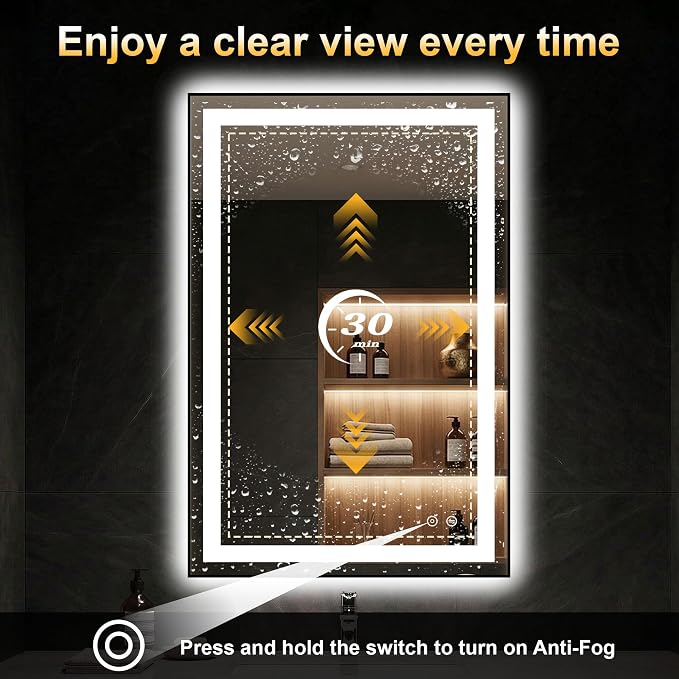 LED Bathroom Mirror with Light, 24x36 Vanity Mirror for Wall with Frame | Anti-Fog, Dimmable 3 Colors, Memory Function, Backlit and Front Lit, Shatter-Proof Glass, Plug-in/Hardwired