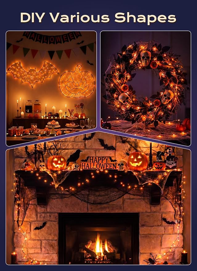 Orange Fairy Lights Plug in, Thanksgiving Fall Decorations, 33FT 100LEDs Halloween String Lights, Waterproof Black Wire Lights for Home Party Ghost Haunted House Indoor Outdoor Halloween Decorations