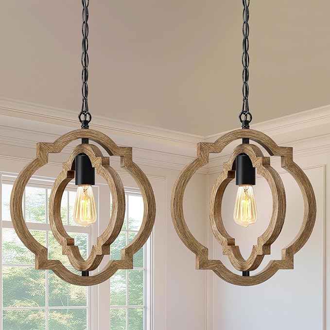 2-Pack Farmhouse Pendant Light Fixtures, Wood Grain Hanging Lights for Kitchen Island, Adjustable Height, E26 Base, Sloped Ceiling Compatible, Rustic Ceiling Light