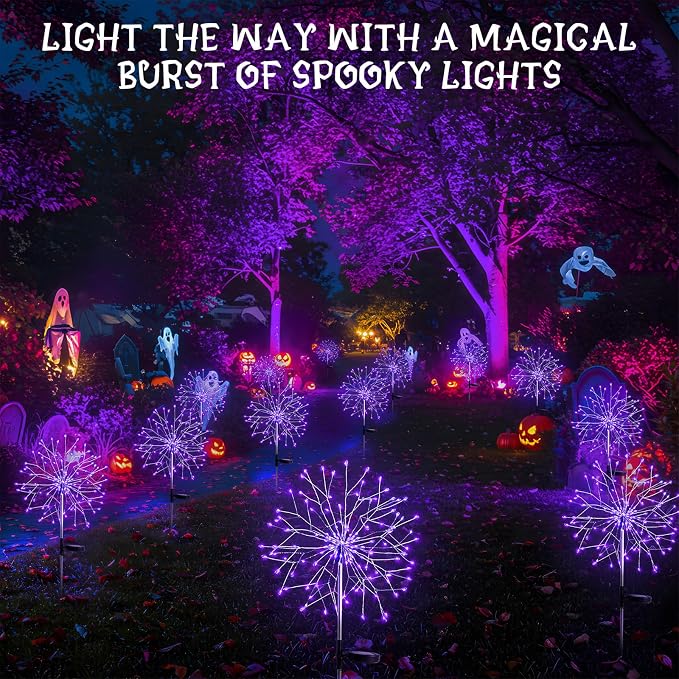 2 Pack Purple Halloween Lights Outdoor, 150LED Purple Solar Garden Lights with 8 Modes, Waterproof Solar Firework Light for Halloween Yard Garden Decorations