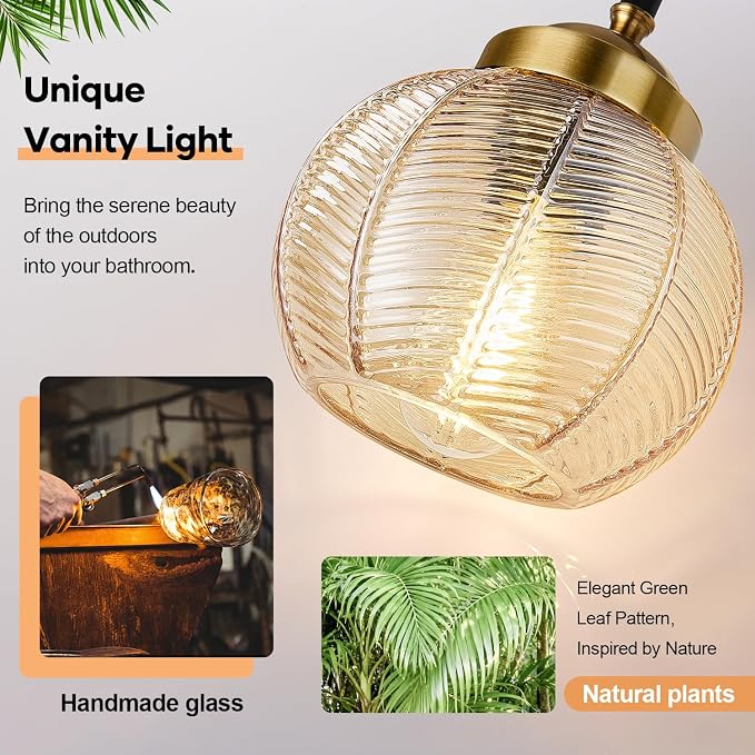 MOKATNG Bathroom Light Fixtures, 2-Light Amber Vanity Lights with Unique Leaf Texture Glass Shade, Modern Matte Black and Gold Bathroom Wall Lamp for Mirror Hallway Cabinet Living Room