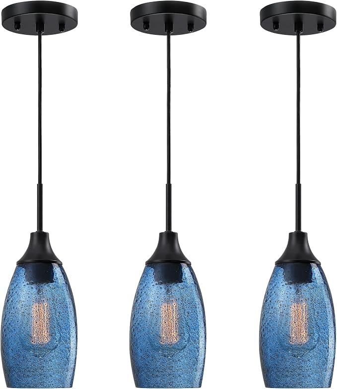 Viinew Mini Glass Pendant Light 3-Pack Dark Blue Seeded Hanging Light | Handblown Dark Blue Marble Art Glass Shade Ceiling Light 4.72" Hanging Pendant Light for Kitchen Island,Dining Room