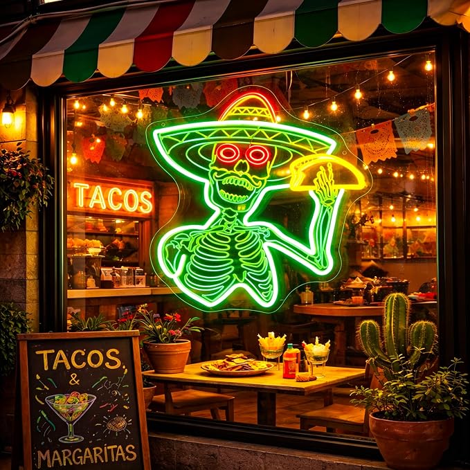 Neon Sign, Tacos Skul Neon Signs for Wall Decor LED Sign Neon Light | Green Skull Neon Sign, Skeleton Taco LED Signs for Mexico Restaurant, Mexican Kitchen, Halloween Decor, Gift, USB Powered