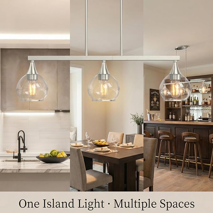 Kitchen Island Linear Pendant Light, 3-Light Brushed Nickeld Dining Room Chandelier with Clear Glass Globe Shades, Modern Linear Lighting Fixture Over Table
