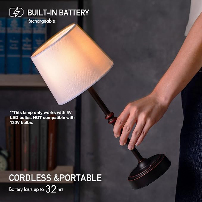 O’Bright Seraph - Cordless LED Table Lamp with Dimmer, Built-in Rechargeable Battery, 3-Level Brightness, Patio Table Lamp, Bedside Night Lamp, Ambient Light for Restaurant, Oil Rubbed Bronze