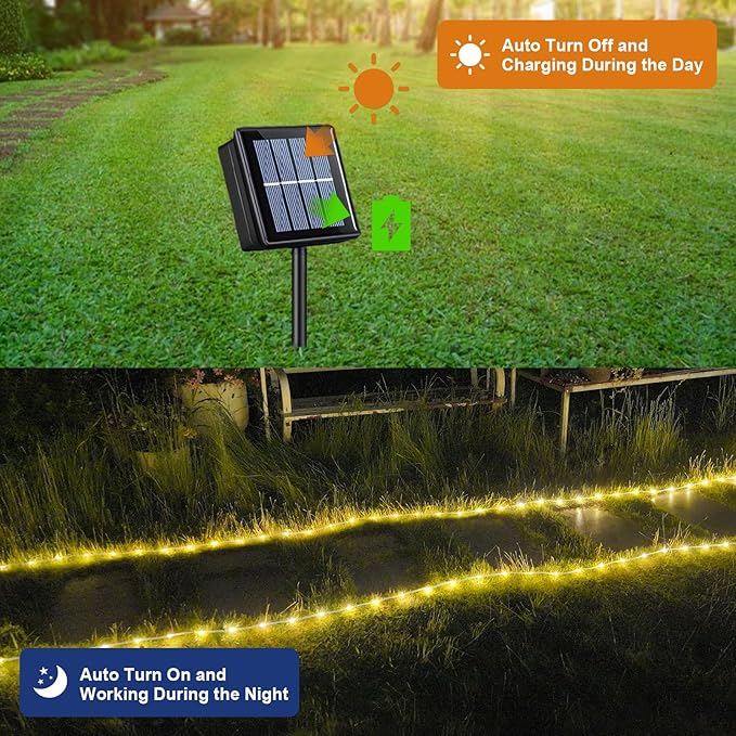 QITONG Warm White Solar Rope Lights, 2 Pack Each 33ft 100 LED String Light Outdoor, 8 Modes Fairy Lights in Clear Thin Tube