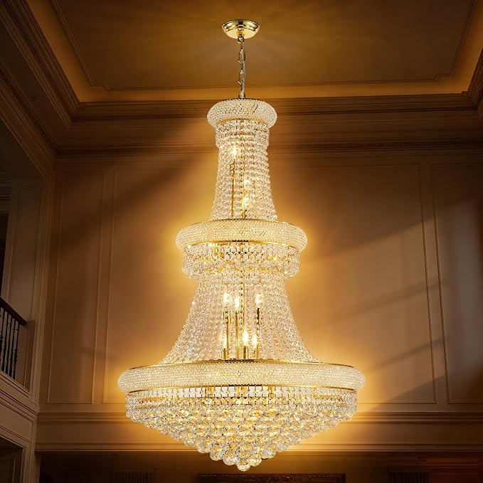 32" W 27 Light Luxury Foyer Chandeliers, Unique Empire K9 Crystal Chandelier for High Ceiling Foyer Entryway Living Room (Gold)