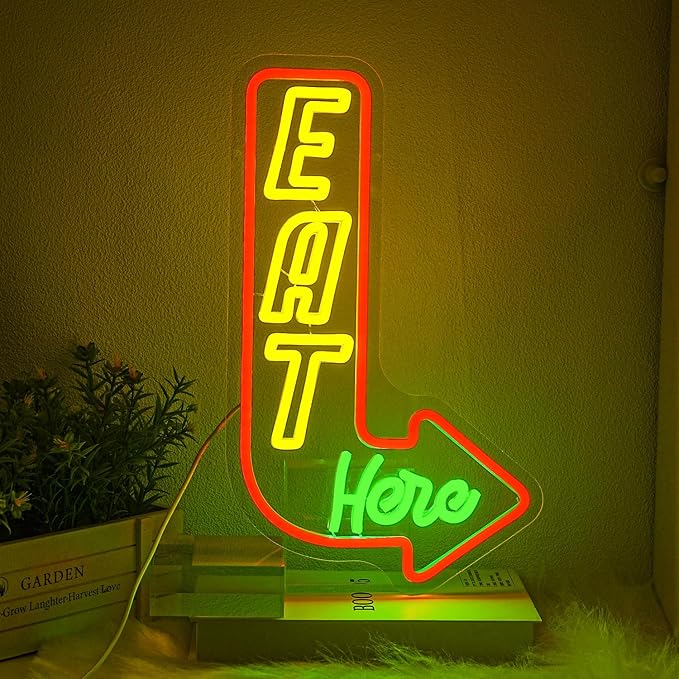 Eat Here Neon Sign for Wall Decor Kitchen Neon Light Colorful LED Neon Signs Arrow Led Neon lights for Restaurant Kitchen Living Room Decoration