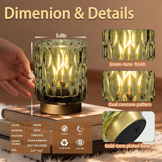 Battery Operated Table Lamp Timer, Small Cordless Lamps Decorative, 2 Green | Mini Crystal Lamp for Area No Plug, LED Battery Powered Lamps Wireless, Glass Accent Light for Bathroom Fireplace Shelf Decor