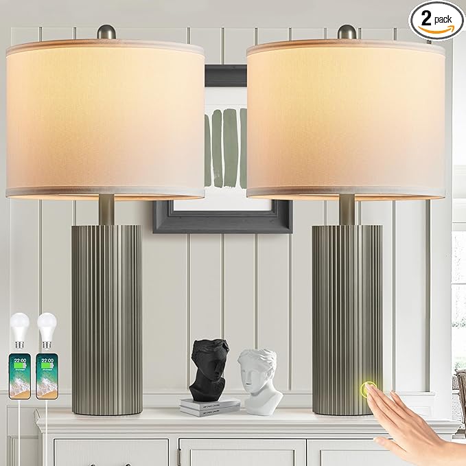 Table Lamps for Living Room Set of 2, 24.5" Modern Table Lamps for Bedroom with USB C+A Ports, Creative Stripe Touch Lamps for Nightstand, 2 Bulbs Included