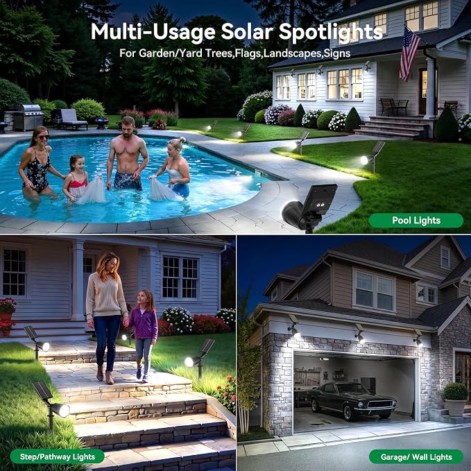 Solar Lights Outdoor Spot Light Waterproof: 1000LM Adjustable Cool White Spotlights - 2-in-1 15Hrs+ Bright Wall Spot Light - Solar Powered Landscape Spotlight for Garden, Yard, Tree, Flag