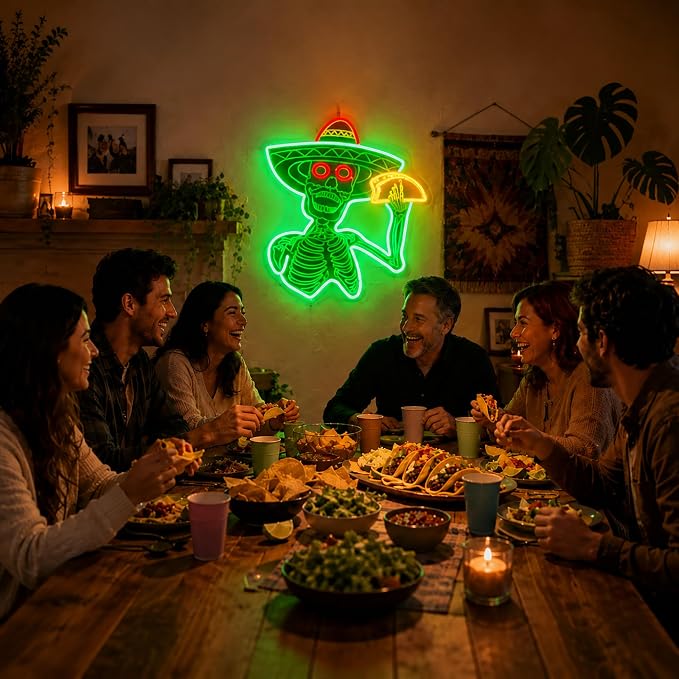 Neon Sign, Tacos Skul Neon Signs for Wall Decor LED Sign Neon Light | Green Skull Neon Sign, Skeleton Taco LED Signs for Mexico Restaurant, Mexican Kitchen, Halloween Decor, Gift, USB Powered