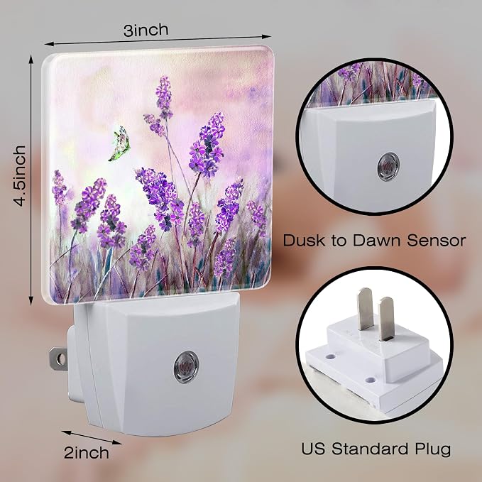 Purple Lavander Flowers Butterfly Night Light Plug into Wall,Watercolor Lavander Floral Dusk to Dawn Night Light,0.5w Energy Saving Sleep Friendly Nightlights for Kids Boys Girls Home