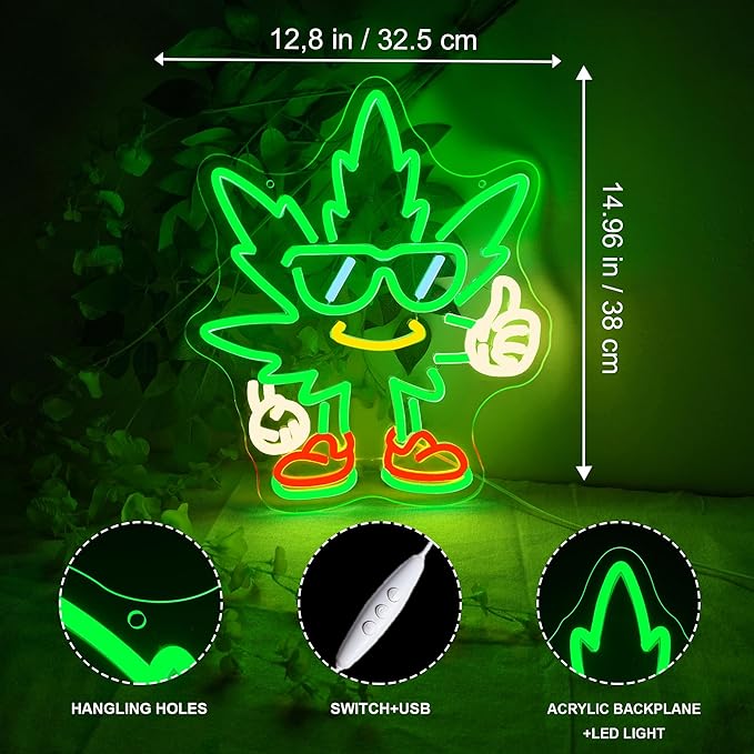 Leaf Weed LED Neon Sign Led Green Neon Lights for Wall Decor USB Light Up Sign Neon for Man Cave Living Room Pub Party & Gamer Room Decor Beer Bar Hotel Restaurant Unique Birthday Gift for Lover