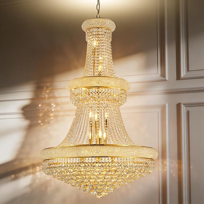 32" W 27 Light Luxury Foyer Chandeliers, Unique Empire K9 Crystal Chandelier for High Ceiling Foyer Entryway Living Room (Gold)