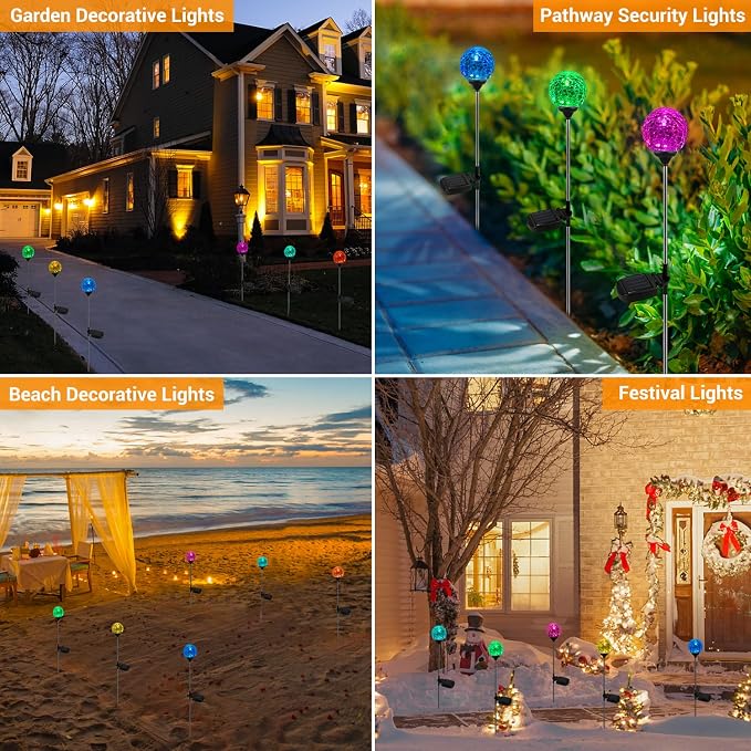 OxyLED Solar Outdoor Lights, 6 Pack Solar Stakes Crystal Cracked Glass LED Garden Globe Light Outdoor Waterproof, Color-Changing Auto On/Off, Pathway Lights for Landscape Patio Yard Decorations | Crystal Cracked Glass LED Outdoor Waterproof, Color-Chan...