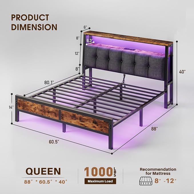 Homkdom Queen Bed Frame with Storage Headboard & Charging Station | Linen Upholstery, 2-Tier Shelf, 2 AC Outlets, Type-C, RGB LED Remote, 12in Underbed Clearance, 1000 lbs, No Box Spring, Brown