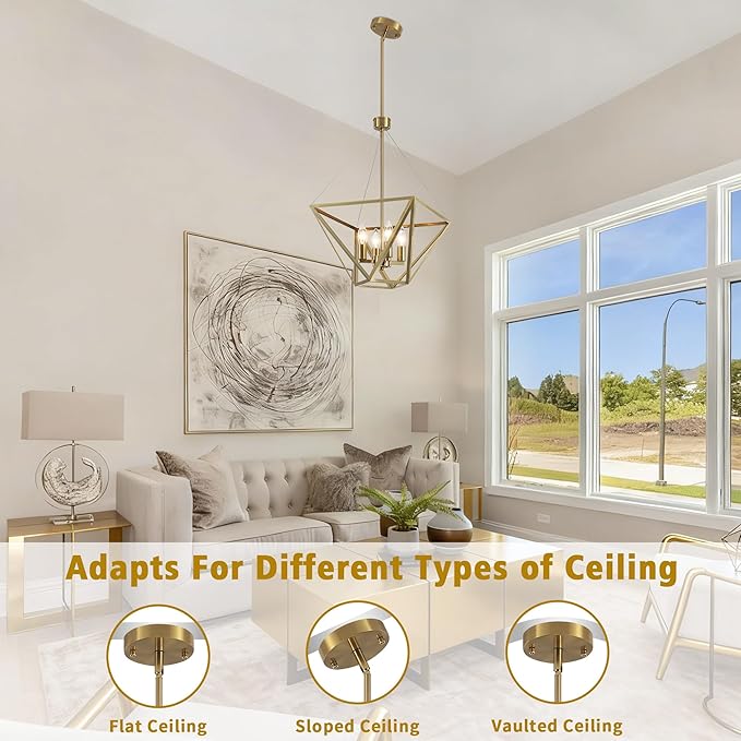 LASENCHOO 14.5" Brass Chandelier for Foyer Lighting Fixtures, 4 Lights Brushed Gold Modern Farmhouse Chandelier Lantern Geometric Pendant Light for Kitchen Island Entryway Dining Room Light Fixture
