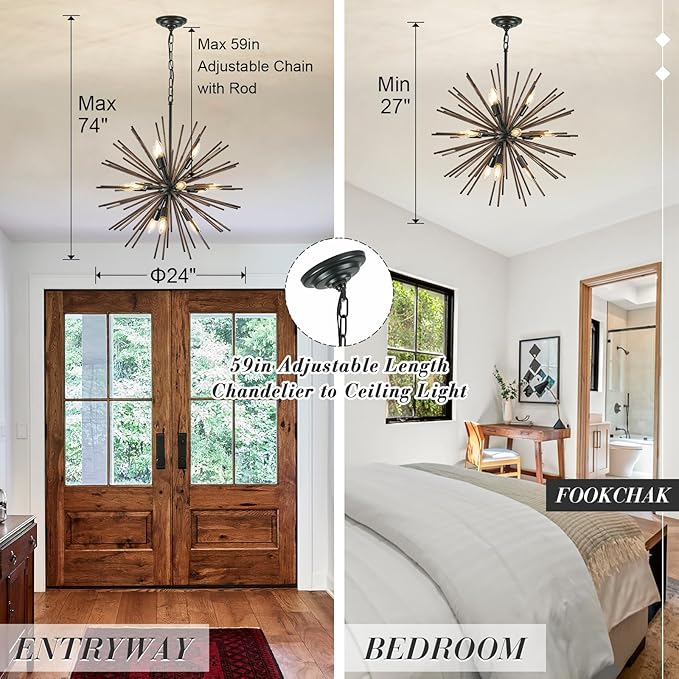 Black Wood Sputnik Chandeliers 12 Light Starburst Chandelier Light Fixture Solid Wood Farmhouse Satellite Light Fixture for Dining Room Bathroom Entryway Kitchen Island Bedroom 24in