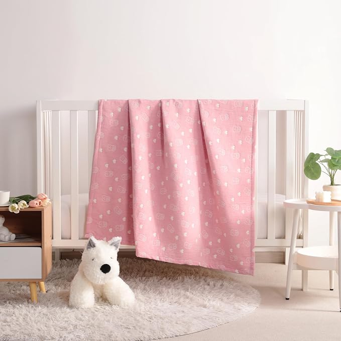 NTBAY 3 Layer Oversized Muslin Toddler Blanket, 45 x 60, Pink Rabbit | Muslin Cotton Outer Layers with Light Thermal Fiber Fill, Reversible Blanket for Daycare, Travel, Naps, and Supervised Use