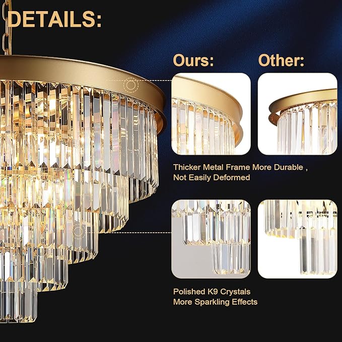 Large Crystal Chandeliers 30’’ Modern Gold Round Chandeliers for High Ceiling K9 5-Tier Large Ceiling Chandelier Light Fixtures Luxury Chandelier for Staircase Foyer Living Room