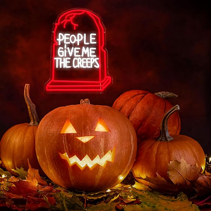 GNVETZLL Halloween Neon Sign for Wall Decor Halloween Tombstone Neon Light Creeps Ghost LED Light up Sign for Party Gift Trick or Treat Party Backdrop