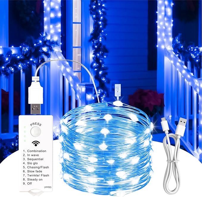 ZSJWL Rechargeable Fairy Lights with DIY Timer & 8 Modes, 16FT 50LED String Lights Battery Operated Indoor, Twinkle mini Lights for Bedroom Christmas Wedding Centerpiece Decor (Blue)