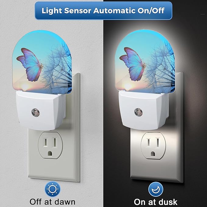 Blue Butterfly Dandelion Night Light, Night Lights Plug Into Wall Decor, Auto Sensor Lamp Home Indoor Stairway Kitchen Corridor, Boys Girls Women Men Room Gifts
