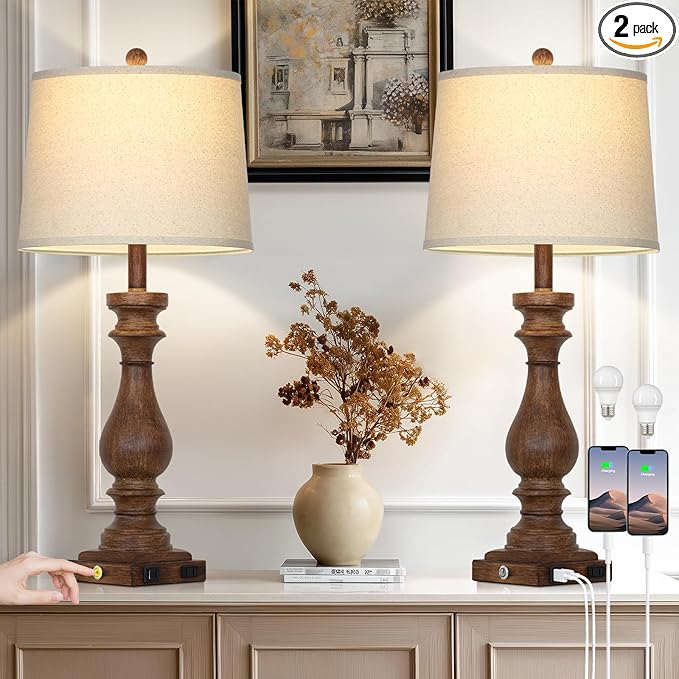 29" Tall Farmhouse Table Lamp for Living Room Set of 2,Vintage Retro Nightstand Lamps with USB C+A Ports & AC Outlet,3-Way Dimmable Touch Bedside Lamp for Bedroom Side Table,Brown