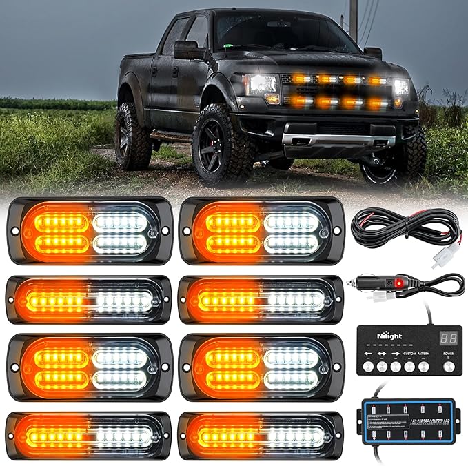 Nilight 8PCS LED Strobe lights 12V Sync Feature Amber White 12 24LED Emergency Hazard Warning Lights with Controller for Cars Trucks RVs Campers, 2 Years Warranty