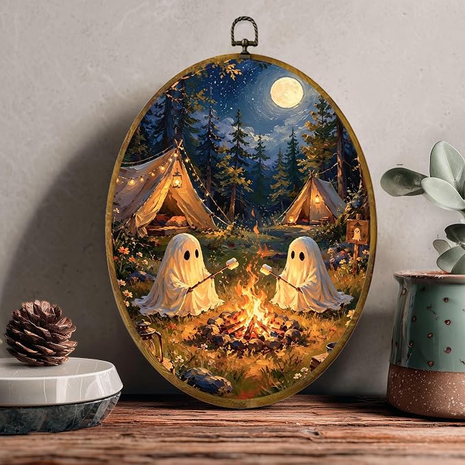 Ghost Camping Oval Wall Art, Framed Canvas Decor, 8.5x11.5 Inch | Two ghosts roasting marshmallows, campfire tents, moonlit forest Halloween decor