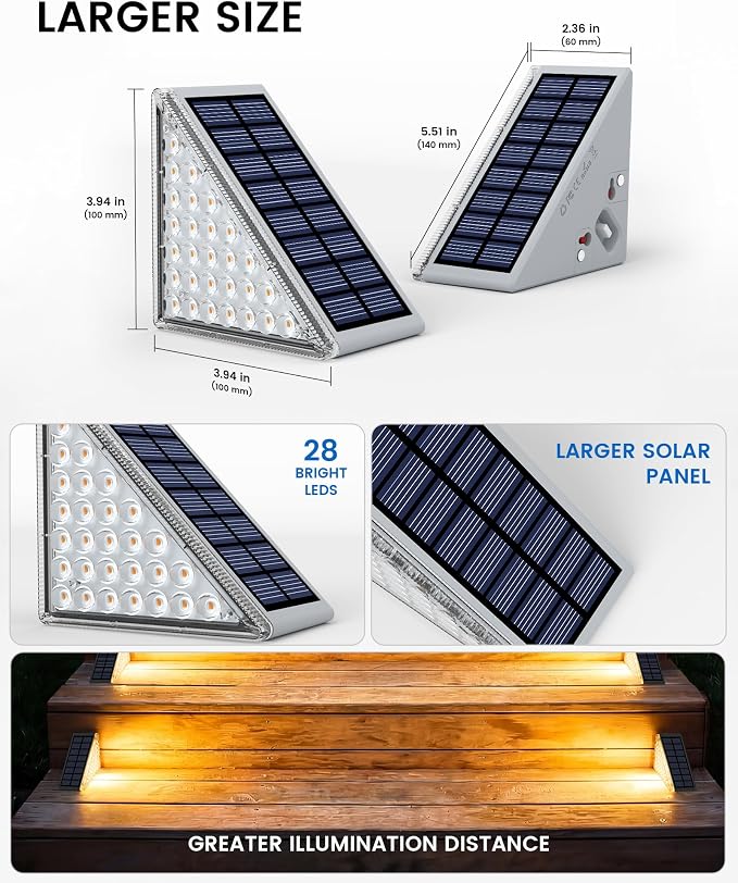 Outdoor Step Lights, Upgraded 28 LEDs 2 Brightness Modes, IP67 Waterproof Solar Stair Lights for Outside Steps, 1200mAh Battery Long Runtime Warm White for Patio Deck Yard Porch, 6 Pack