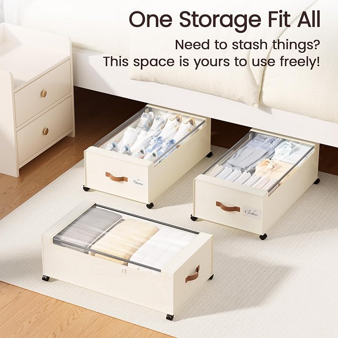 Yecaye 95L Under Bed Storage Containers, Fits 11" Under Bed, 2 Pack, Beige | XXL Capacity, 360° Rolling Wheels, Sturdy Metal Frame, Clear Window & Label, Storage Bins for Clothes, Shoes, Blankets