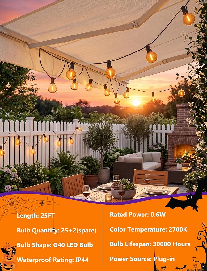Halloween Orange String Lights, 25Ft G40 Outdoor Halloween Decorations Lights with 27 LED Shatterproof Orange Globe Bulbs, Hanging Patio Lights for Christmas Backyard Holiday Fall Party Garden Decor