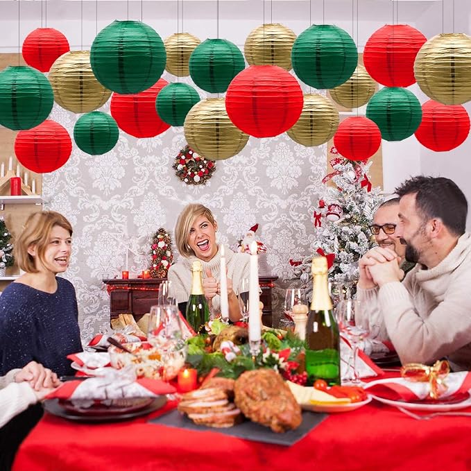21-Pack Green Red Gold Hanging Paper Lanterns Decorative | 4/6/8/10 inches Round Lantern for Christmas, Italian Party, Mexico Party, Graduation, Anniversary, Birthday Decorations