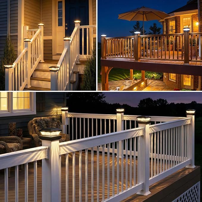 4x4 Solar Post Cap Lights Outdoor 16 Pack, Waterproof Solar Fence Light for Wooden/Vinyl Post, 2 Color Outside Deck Patio Porch Decor, Black