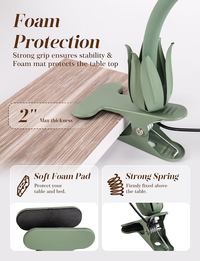 Flower Clip On Desk Lamp for Home and Dorm - Cute Floral Clip On Bedside Book Reading Light, Green Flower Bunk Bed Lighting, Kawaii Led Flexible Gooseneck Table Lamp for Headboard with Clamp