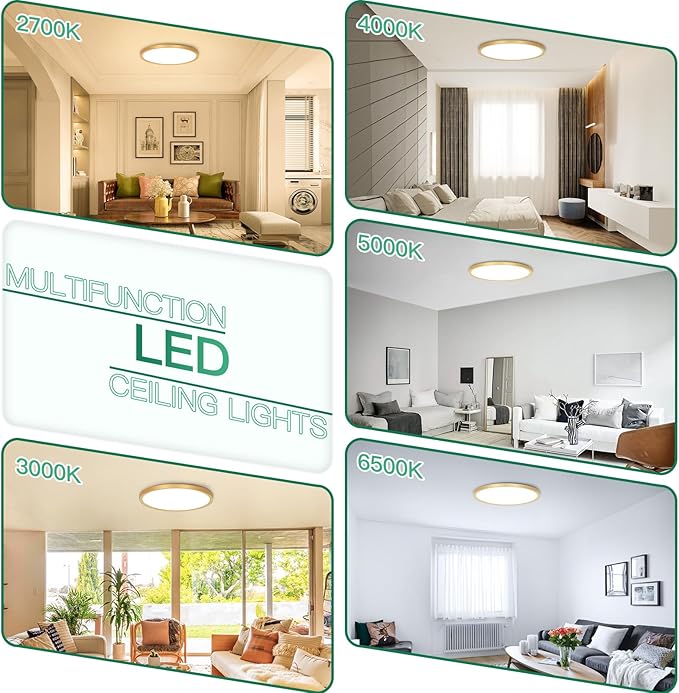 Brightever Gold LED Flush Mount Ceiling Light Fixture, 12 Inch 24W, Super Slim 0.67 Inch 3200LM LED Ceiling Lights, Dimmable & 2700K-6500K 5 Color in One Ceiling Lamp for Bedroom, Porch, 2 Packs